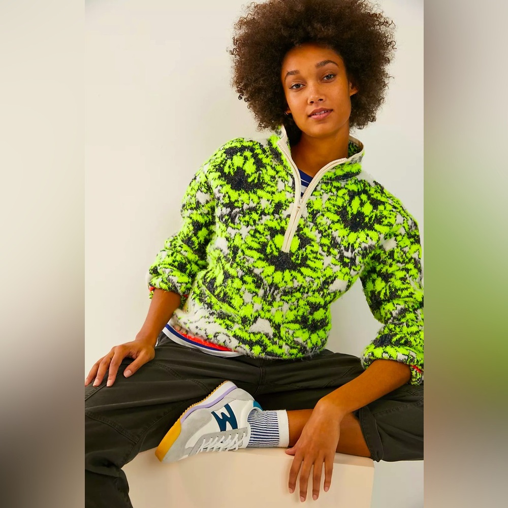 ANTHROPOLOGIE Cristina Fuzzy Neon Fleece Half Zip Pullover Sweater Sweatshirt - Picture 6 of 16